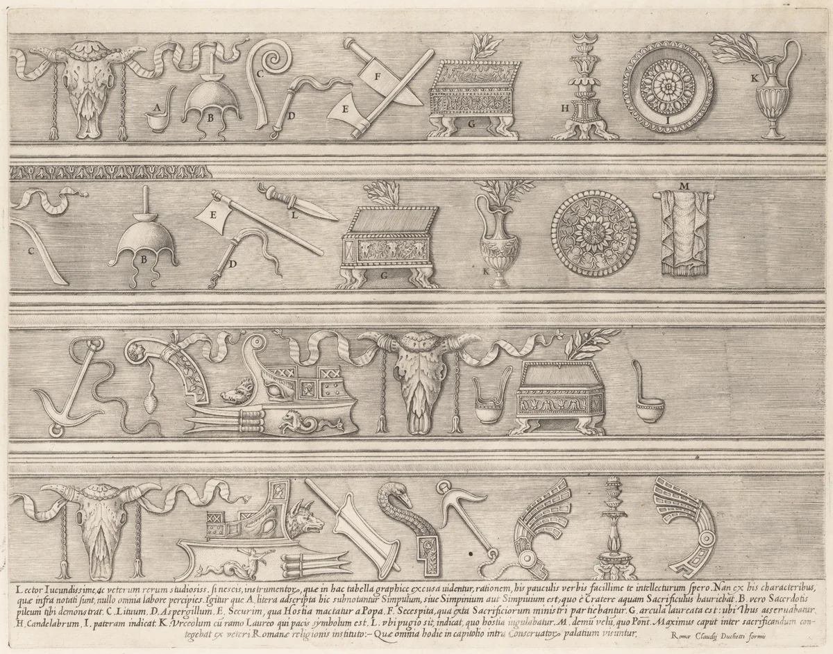Sacrificial Instruments Based on Ancient Relief Sculpture, from "Speculum Romanae Magnificentiae" by Nicolas Beatrizet, print, 1545-1580
