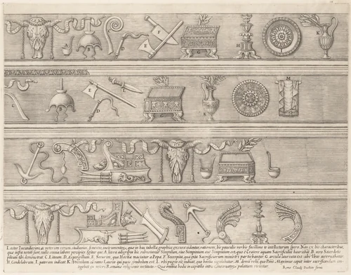 Sacrificial Instruments Based on Ancient Relief Sculpture, from "Speculum Romanae Magnificentiae" by Nicolas Beatrizet, print, 1545-1580