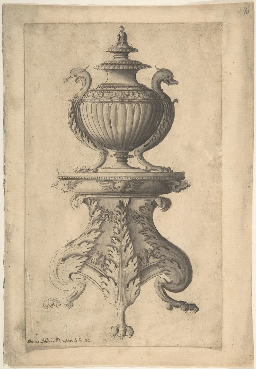 Covered Vase on a Three-Footed Pedestal by Jacques Androuet du Cerceau, drawing, 1510-1584