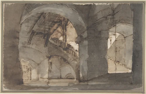 Design for a Stage Set: A Dungeon with High Vaults and a Staircase at Right by Domenico Fossati, drawing, 1743-1784