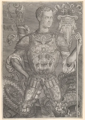 Portrait of Cosimo de' Medici in full armor, his left hand resting on a staff by Niccolò della Casa, print, 1544
