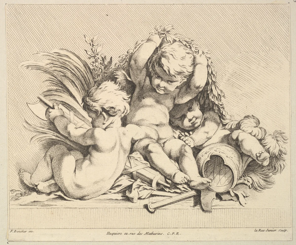 Three Cupids with Military Trophies by Louis Félix de La Rue, print, 1731-1765