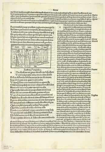 Sostrata, Pamphilus (recto) and Laches, Socrates, Pamphilus (verso) from Comoediae (Comedies), Plate 51 from Woodcuts from Books of the 15th Century by Jacobinus Pentius de Leucho, print, 1497