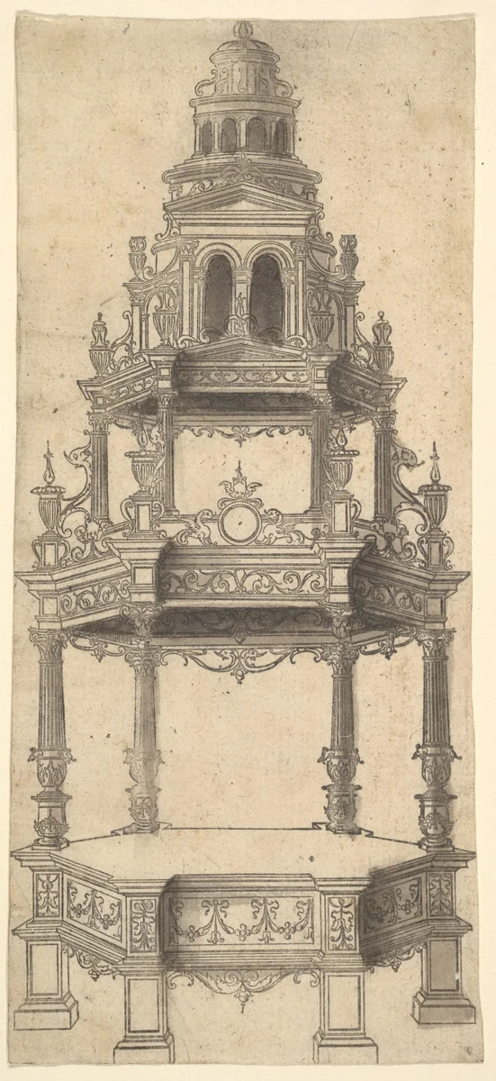 Hexagonal Raised Platform with an Architecturally-Shaped Canopy by anonymous, print, 1520-1550