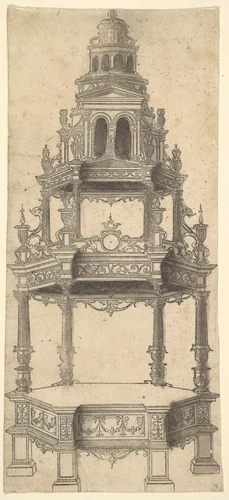 Hexagonal Raised Platform with an Architecturally-Shaped Canopy by anonymous, print, 1520-1550