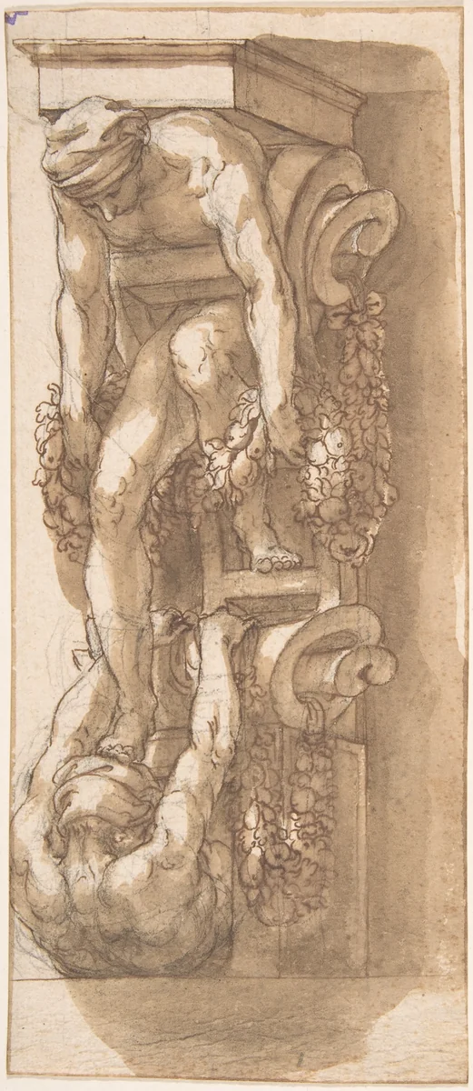 Design for a Bracket or Console with Two Figures caught in Strapwork by anonymous, drawing, 1600-1699