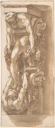 Design for a Bracket or Console with Two Figures caught in Strapwork by anonymous, drawing, 1600-1699