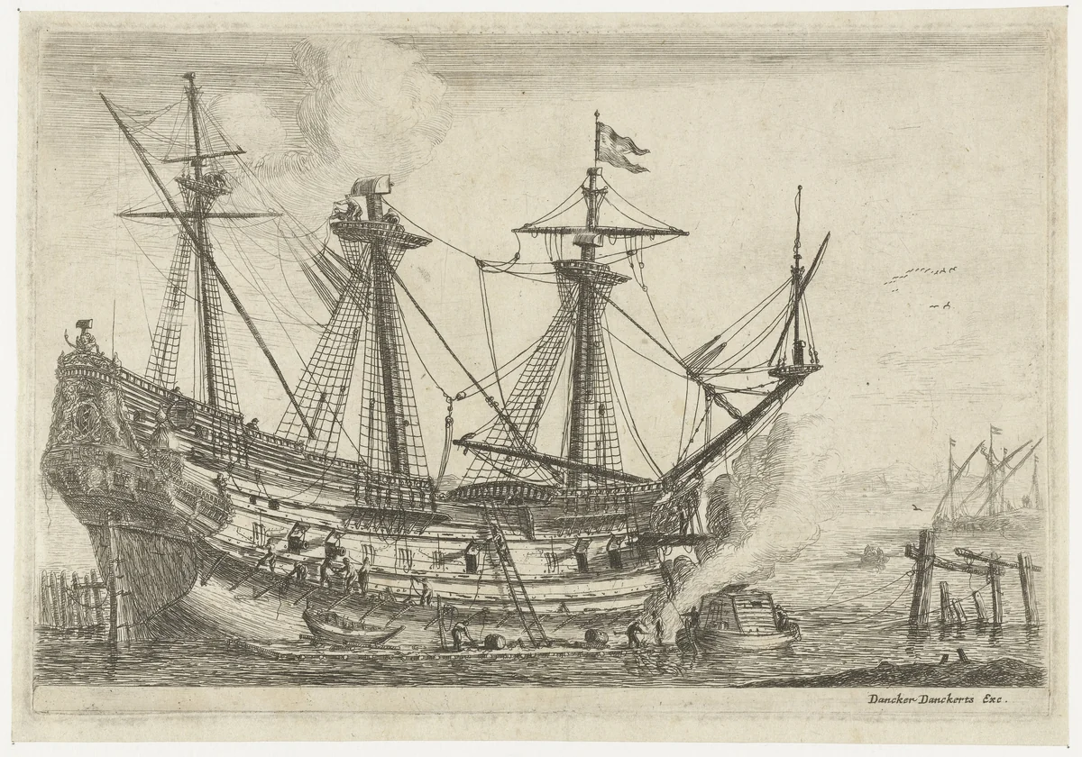 Reparaties aan een groot zeilschip by Reinier Nooms, print, 1656-1659