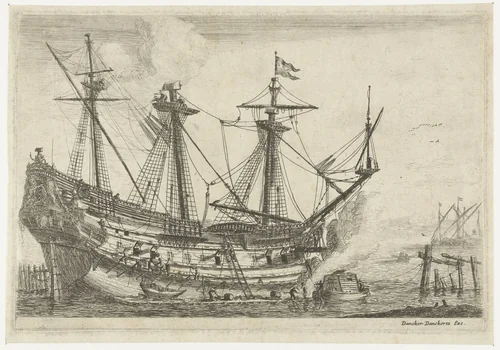 Reparaties aan een groot zeilschip by Reinier Nooms, print, 1656-1659