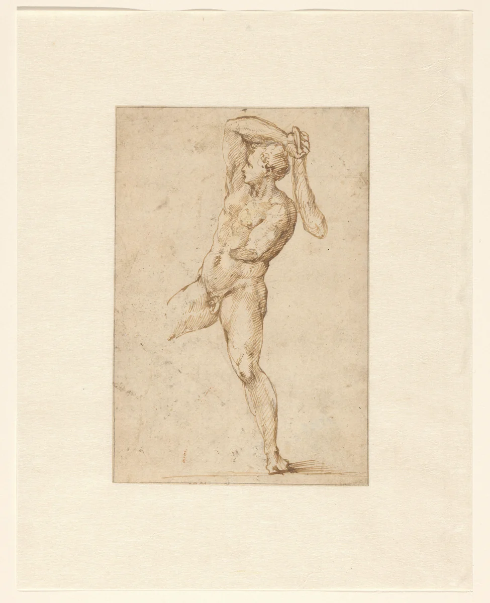 Studie van een man zwaaiend met een knots by Unknown, drawing, 1570-1609