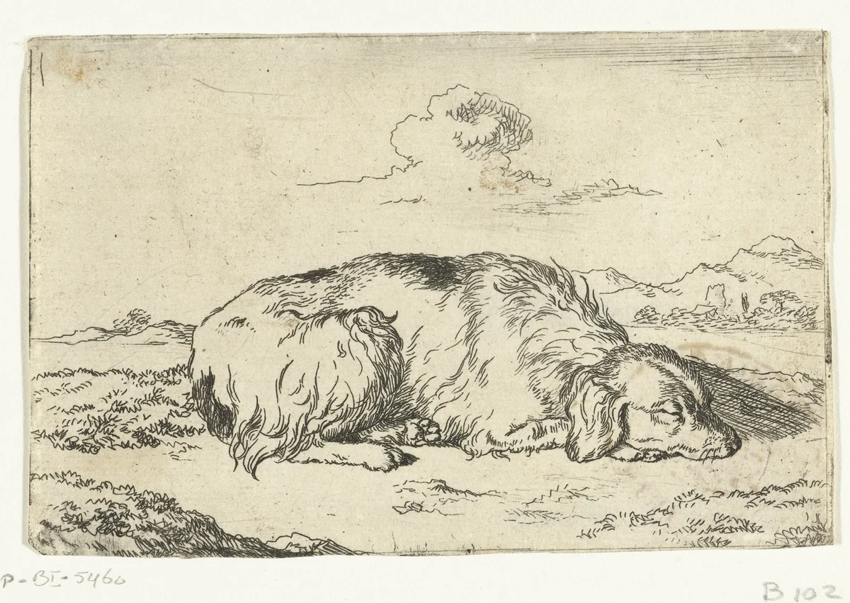 Slapende hond by Marcus de Bye, print, 1657-1688