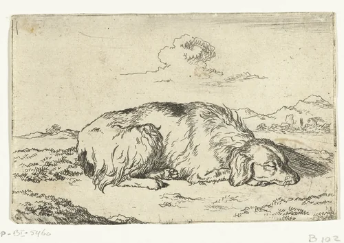 Slapende hond by Marcus de Bye, print, 1657-1688