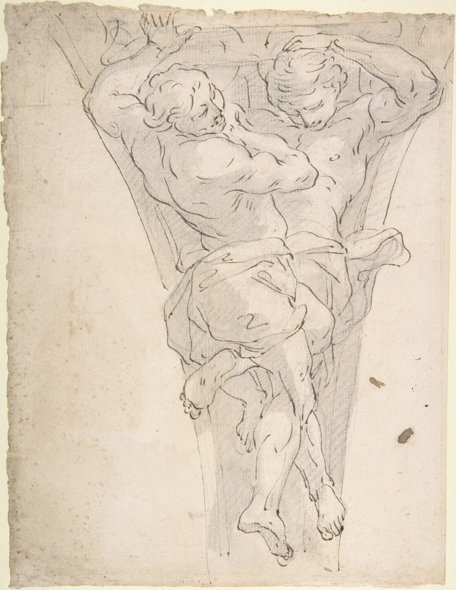 Two Partially Draped Male Figures in a Pendentive by Giovanni Battista Carlone, drawing, 1603-1684