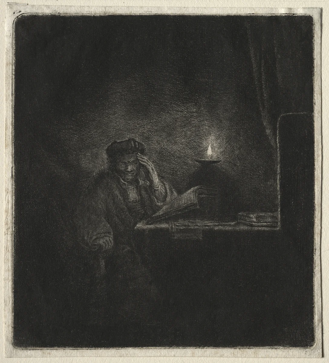 Copy of Student at a Table by Candelight by Rembrandt van Rijn, print, 1654