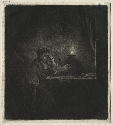 Copy of Student at a Table by Candelight by Rembrandt van Rijn, print, 1654