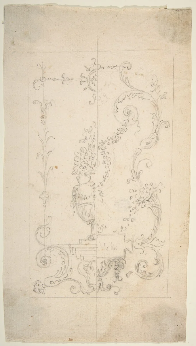 Design for a Cartouche with garlands and antique vase by Leonardo Marini, drawing, 1700-1800
