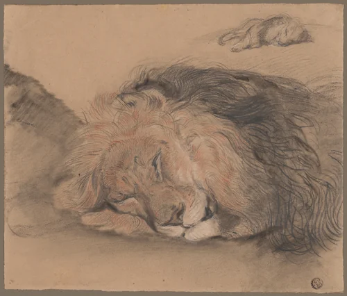 Lion's Head and Sketch of a Lion by Edmé Saint-Marcel, drawing, 1860-1870