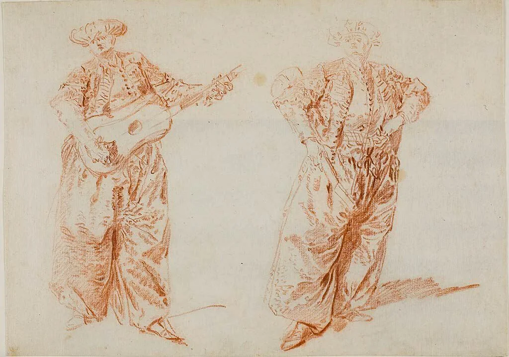 Two Studies of a Guitar Player in Turkish Costume by Nicolas Lancret, drawing, 1710-1743