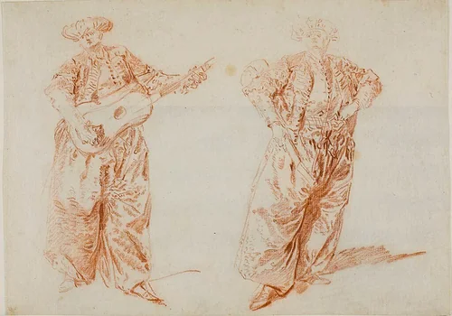 Two Studies of a Guitar Player in Turkish Costume by Nicolas Lancret, drawing, 1710-1743