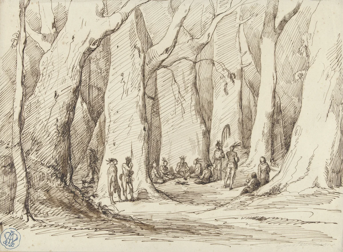 Bijeenkomst van oorspronkelijke Amerikanen in een bos by Gustave Doré, drawing, 1842-1883