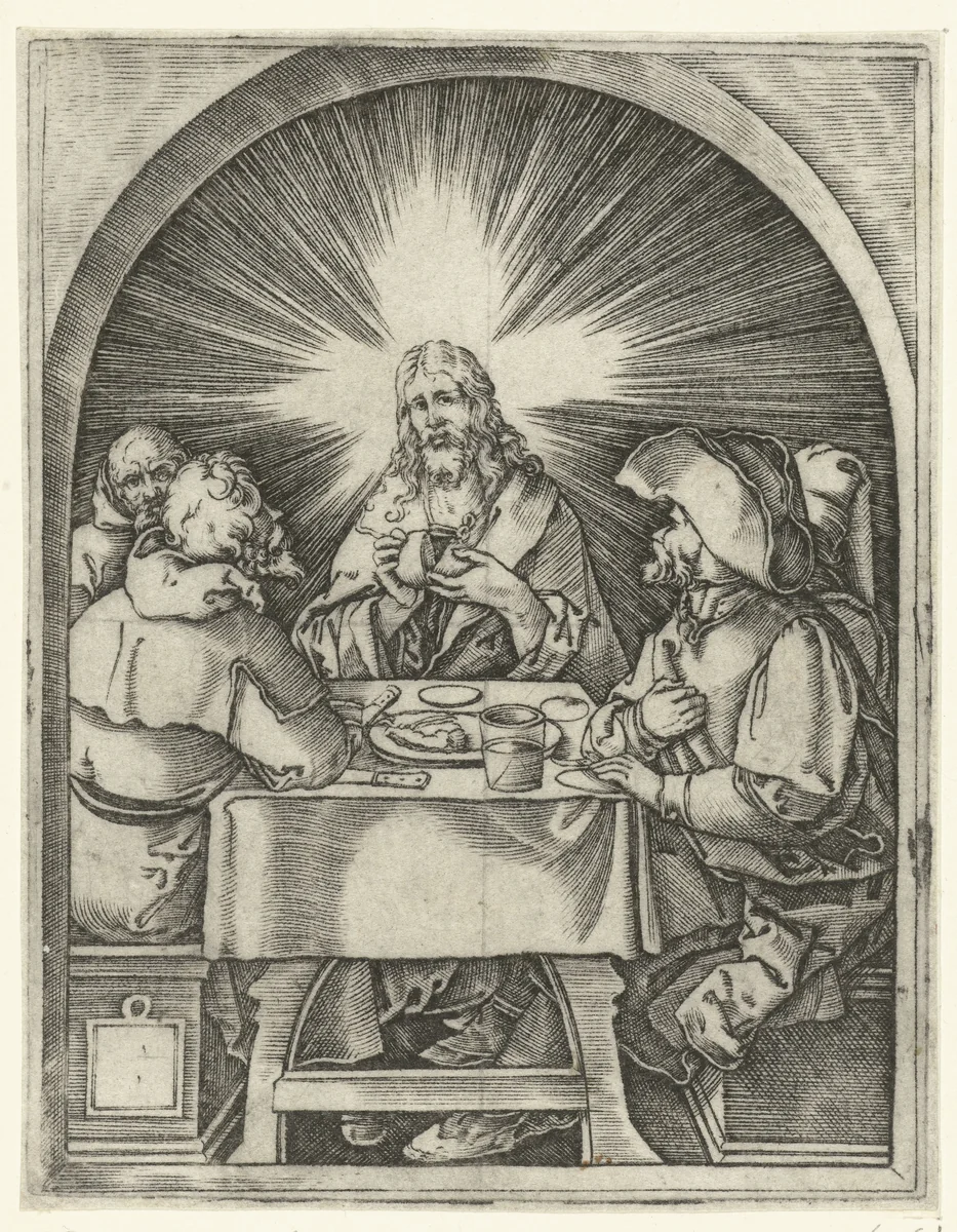 Christus gebruikt maaltijd met discipelen te Emmaüs by Unknown, print, 1510-1515