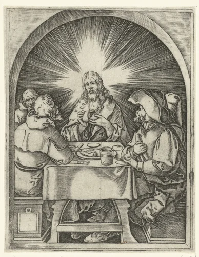 Christus gebruikt maaltijd met discipelen te Emmaüs by Unknown, print, 1510-1515