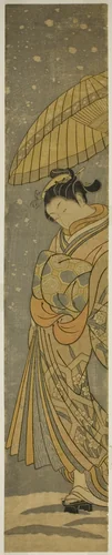 Courtesan on Parade in Falling Snow by Suzuki Harunobu (鈴木春信), print, 1760-1770