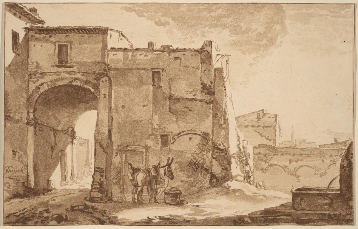 Gateway with Traveler and Mule by Cornelis Ploos van Amstel, print, 1781-1782