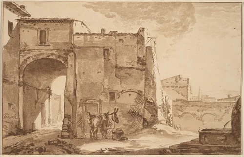 Gateway with Traveler and Mule by Cornelis Ploos van Amstel, print, 1781-1782
