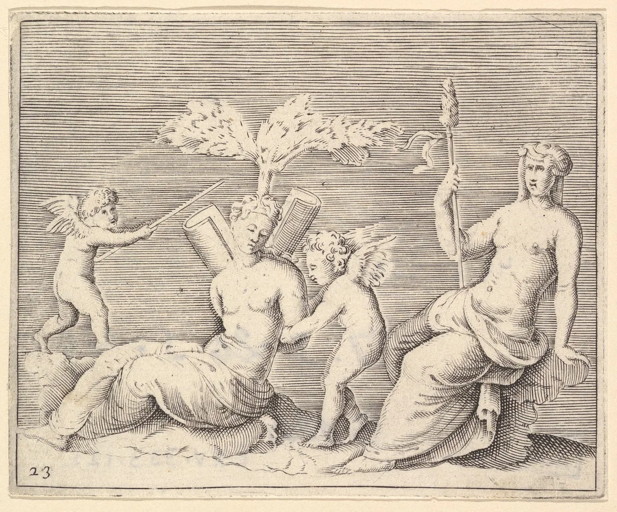 Two Women and Two Cupids, from "Ex Antiquis Cameorum et Gemmae Delineata/ Liber Secundus/et ab Enea Vico Parmen Incis" by anonymous, print, 1599-1622