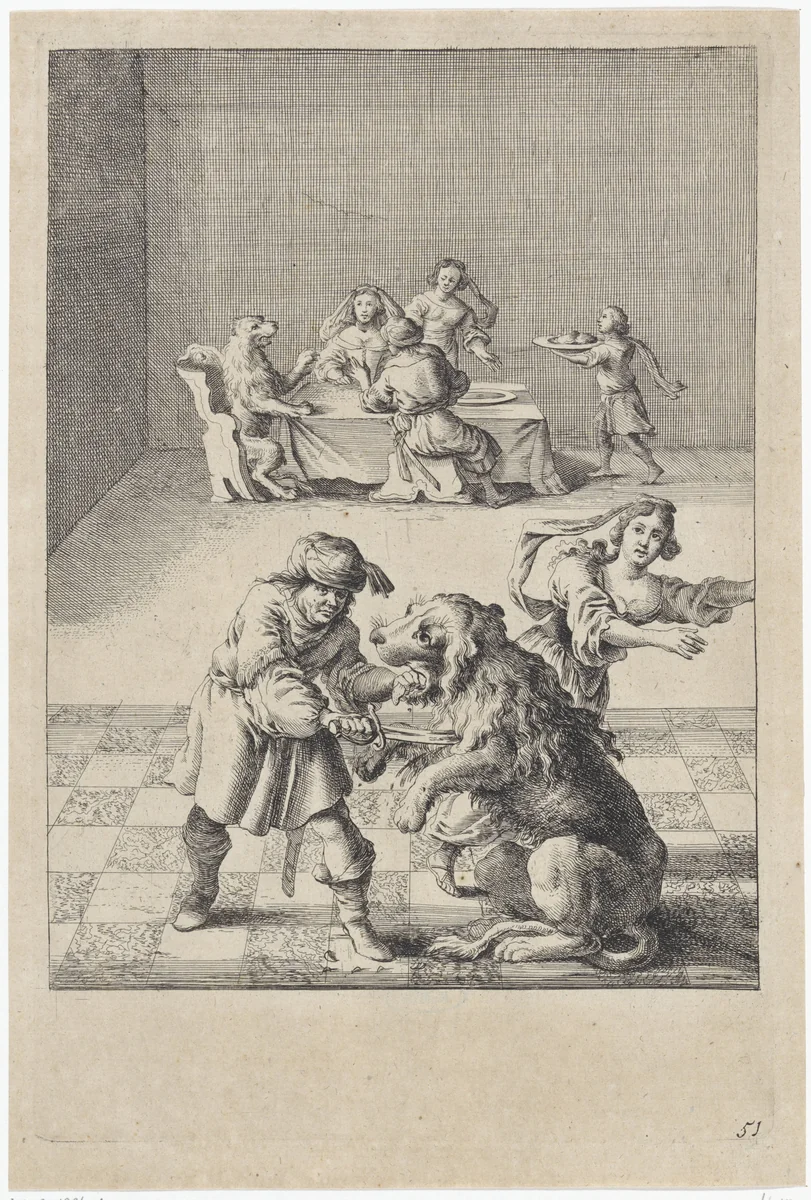 Fabel van de leeuw, de boswachter en zijn dochter by Dirk Stoop, print, 1665