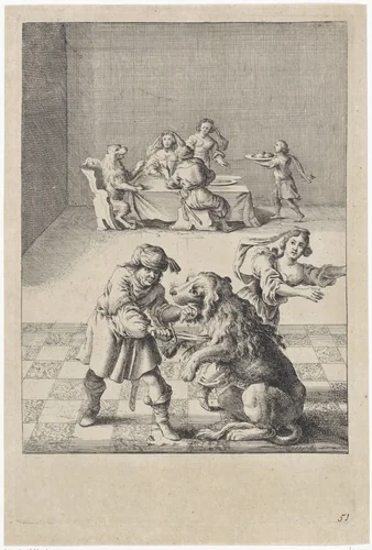 Fabel van de leeuw, de boswachter en zijn dochter by Dirk Stoop, print, 1665