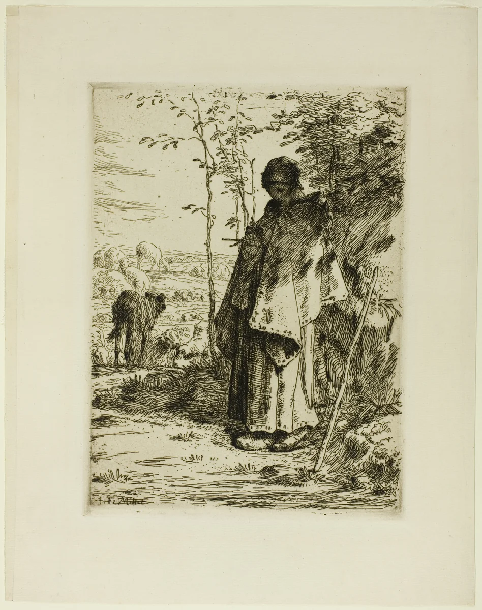 The Shepherdess Knitting by Jean-François Millet, print, 1862