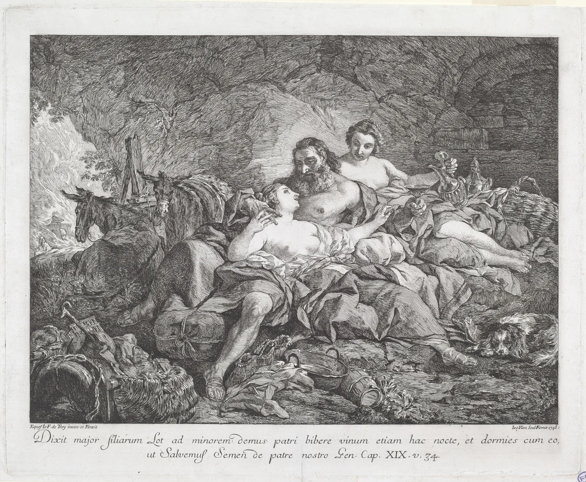 Lot and His Daughters by Joseph-Marie Vien; Jean François de Troy, print, 1748