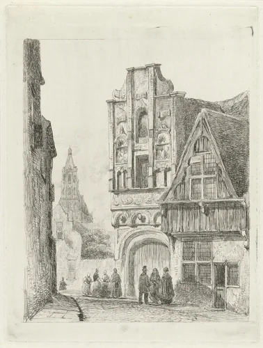 Figuren bij een Renaissance gevel by Lambertus Hardenberg, print, 1879