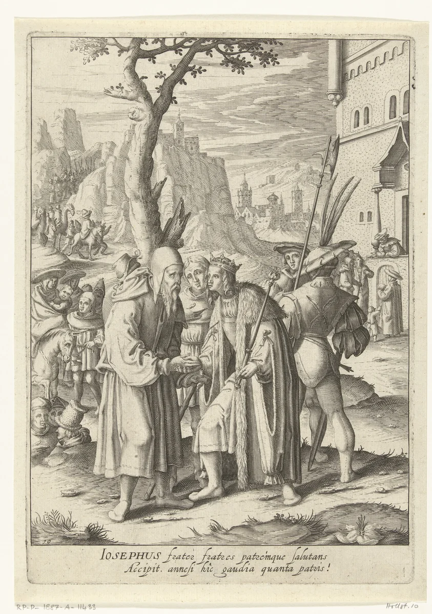 Jozef ontmoet Jakob in Gosen by Robert de Baudous, print, 1591-1659