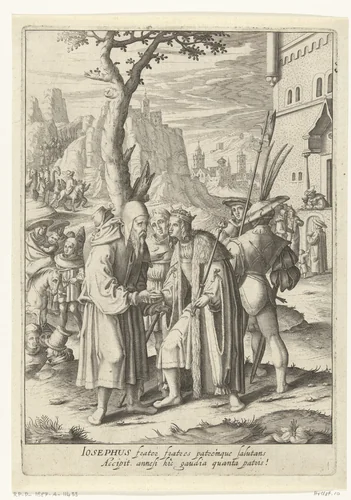 Jozef ontmoet Jakob in Gosen by Robert de Baudous, print, 1591-1659