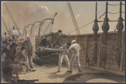 Splicing the Cable (after the First Accident) on Board the Great Eastern, July 25th, 1865 by Robert Charles Dudley, drawing, 1865-1866