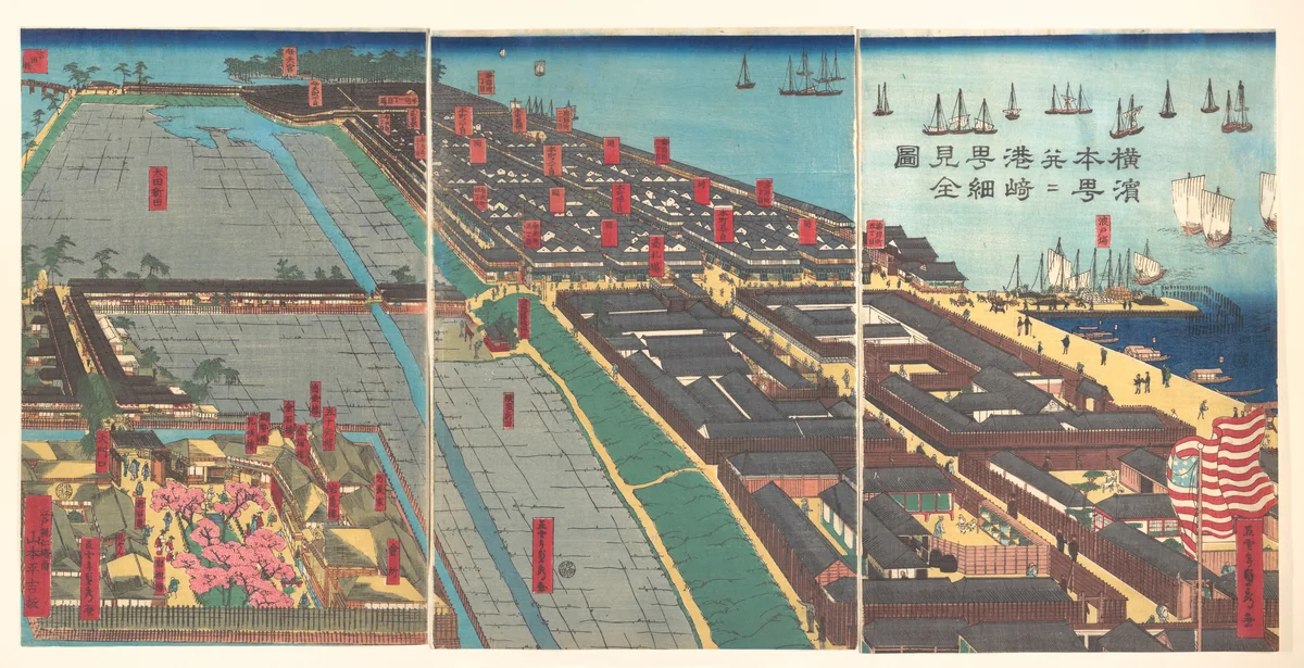Detailed Print of Yokohama Hon-chō and the Miyozaki Pleasure Quarter by Utagawa Sadahide, print, 1860