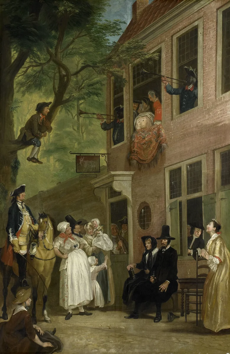 Misled: The Ambassador of the Rascals Exposes himself from the Window of 't Bokki Tavern in the Haarlemmerhout by Cornelis Troost, painting, 1739-1750