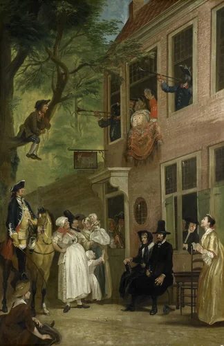 Misled: The Ambassador of the Rascals Exposes himself from the Window of 't Bokki Tavern in the Haarlemmerhout by Cornelis Troost, painting, 1739-1750