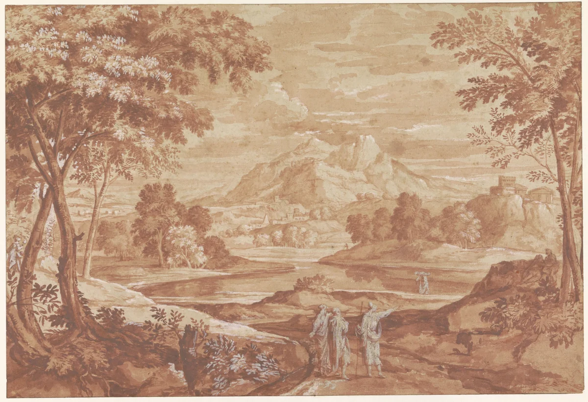 Arcadisch landschap met wandelende mensen by Jean-François Millet, drawing, 1676-1723