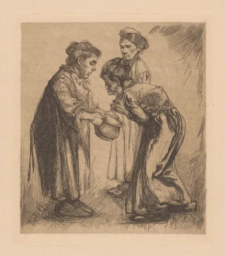 Drie vrouwen met pot by Johannes Josephus Aarts, print, 1881-1934