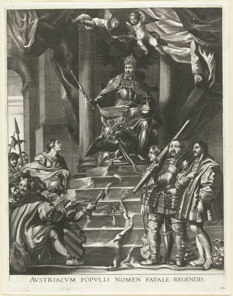 Opstandige Duitse vorsten overwonnen door Karel V; intocht van Ferdinand te Gent in 1635 by Antony van der Does, print, 1635-1636