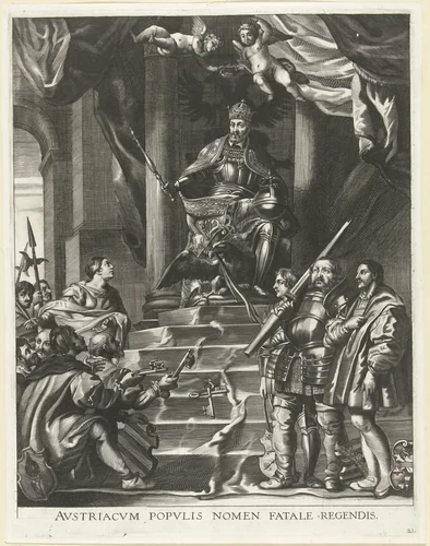 Opstandige Duitse vorsten overwonnen door Karel V; intocht van Ferdinand te Gent in 1635 by Antony van der Does, print, 1635-1636