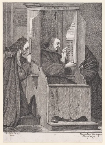 Confession, from "The Seven Sacraments" by Johann Anton Riedel, print, 1754