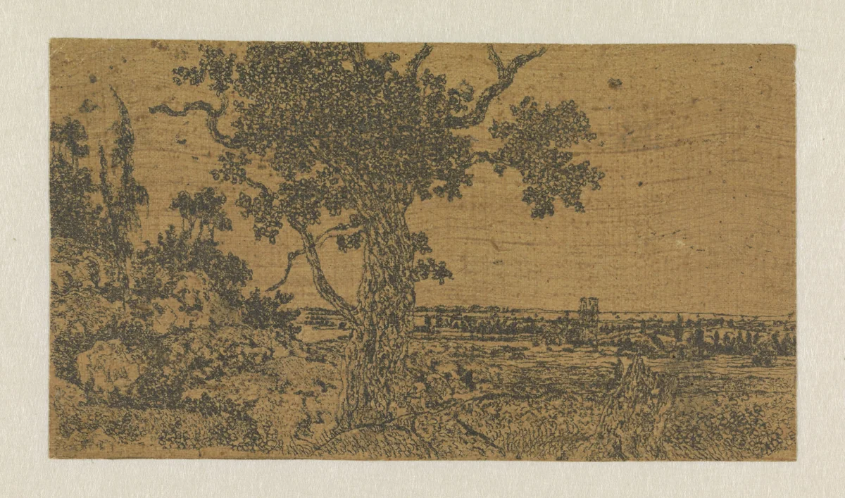 Landscape with an Oak Tree and a Distant View by Hercules Segers, print, 1618-1622