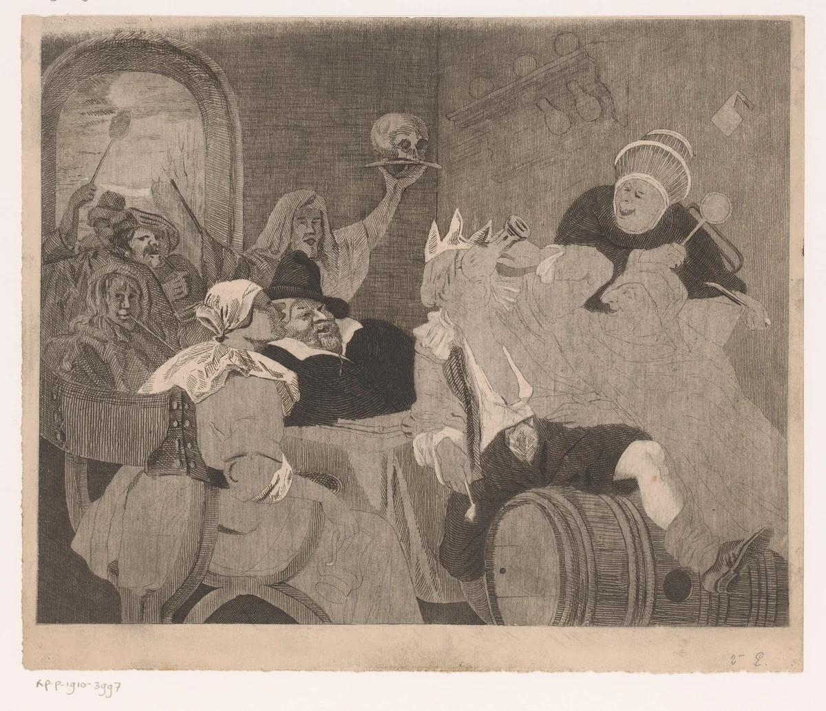 Feestend gezelschap met een drinkende man met kroon by Louis Jaugey, print, 1850-1899