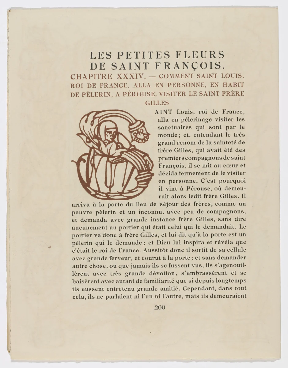 Pictorial initial (page 200) from Les Petites Fleurs de St. François (The Little Flowers of St. Francis) by Émile Bernard, illustrated book, 1928