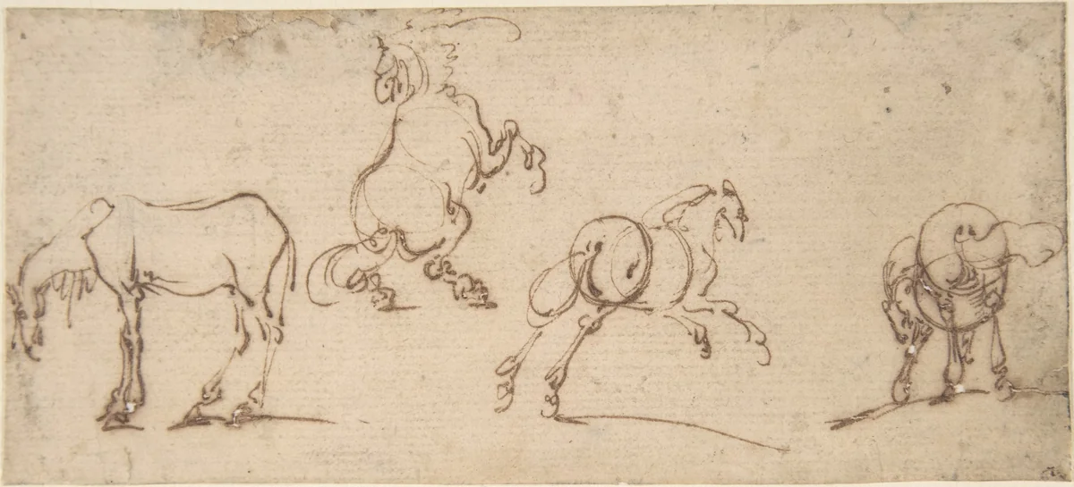 Four Studies of Horses by Jacques Callot, drawing, 1600-1635